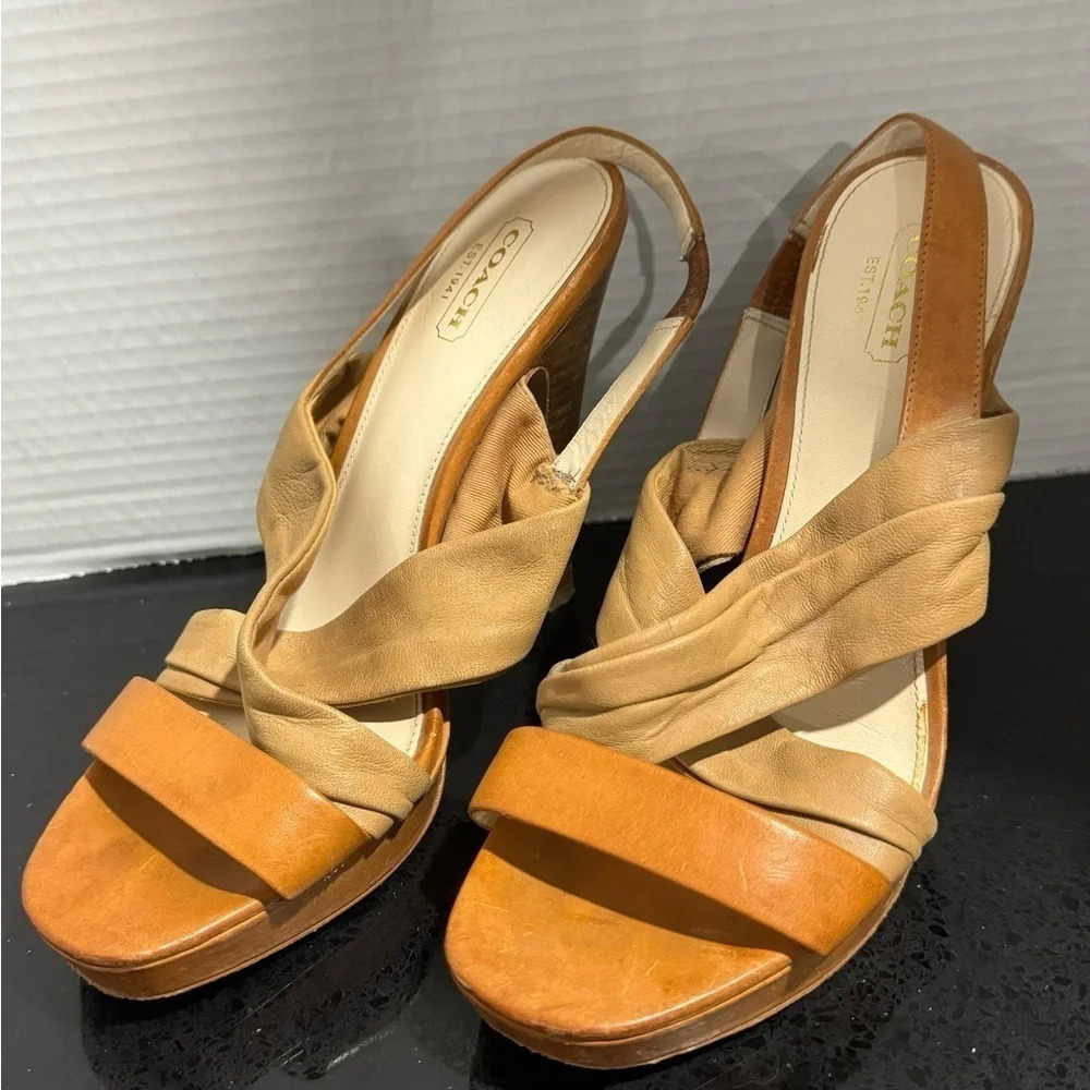 Coach Astor tan brown Leather Strappy Platform Heel party street slingback 70s